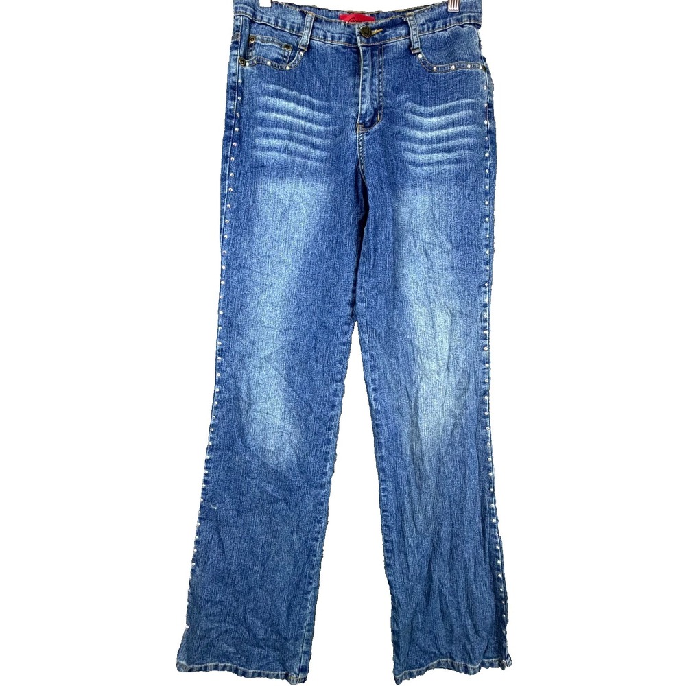 Carina Straight Jeans Women 4 Blue Whiskering Denim Stretch Y2K Rhinestone